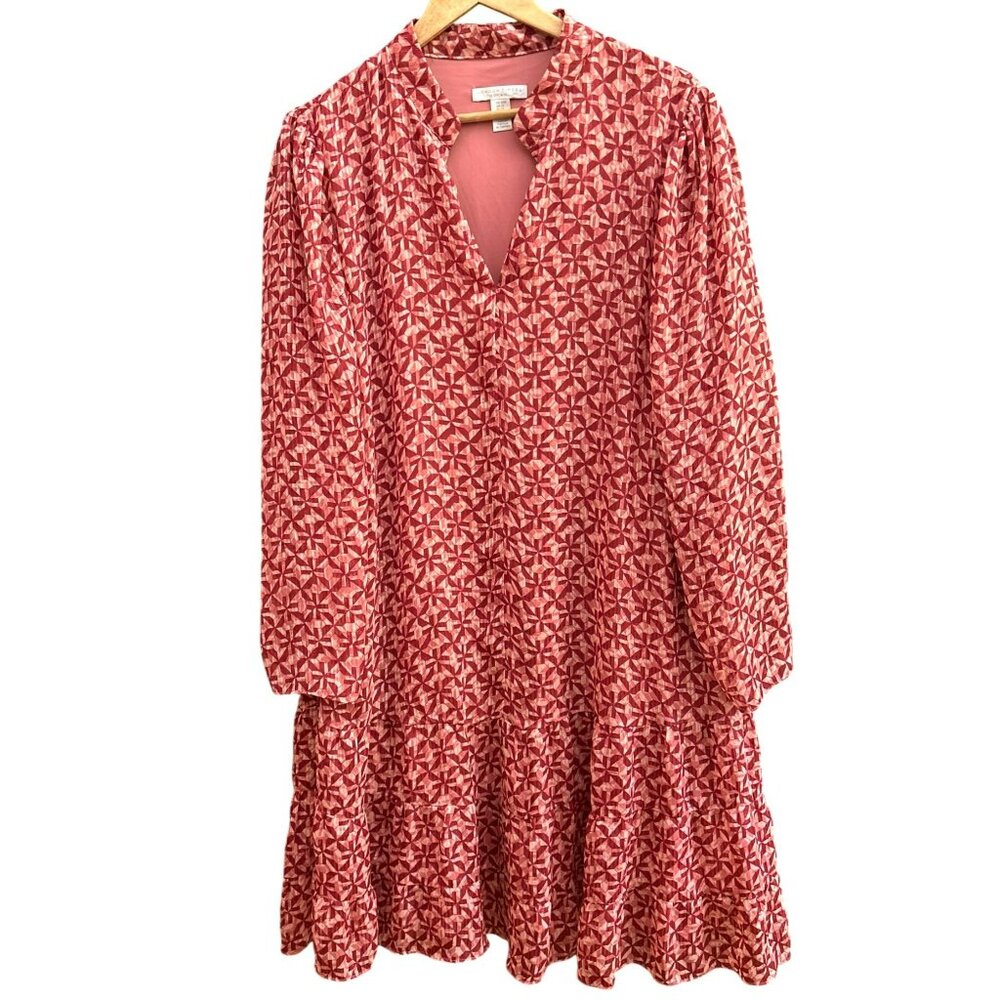 London Times Woman Red Pink Gold Geometric Print Tiered Midi Length Dress 20W